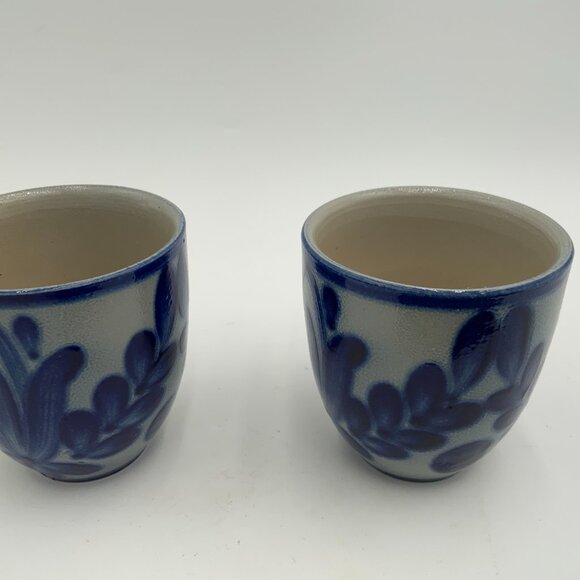 Salt Glazed Pottery Cups Set Of 2 Hand Painted Gray Cobalt Blue 3" Stoneware - Picture 3 of 5